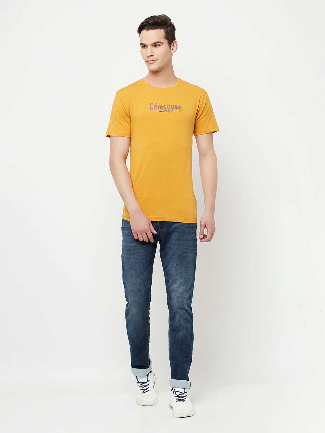 Mustard Printed Round Neck T-Shirt - Men T-Shirts