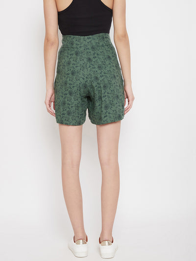 Green Printed tie-up Shorts - Women Shorts