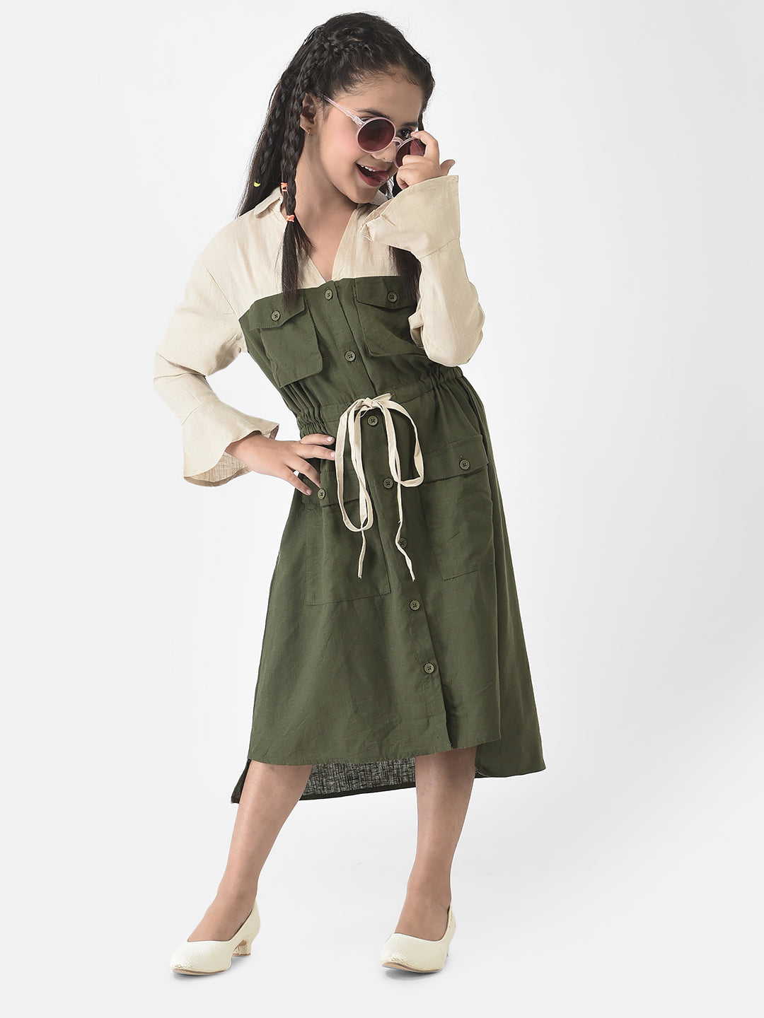  Olive Dress with Patch Pocket Detailing 