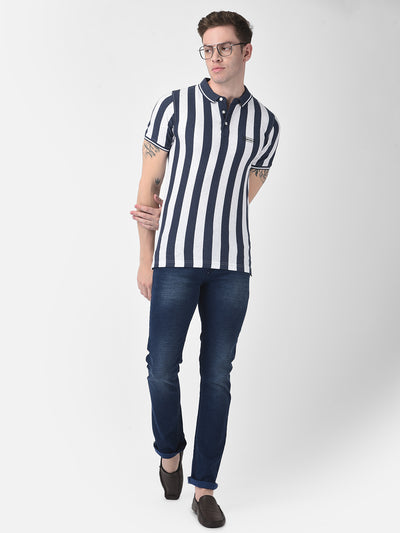 Navy Blue Striped Polo T-Shirt-Men T-Shirts-Crimsoune Club