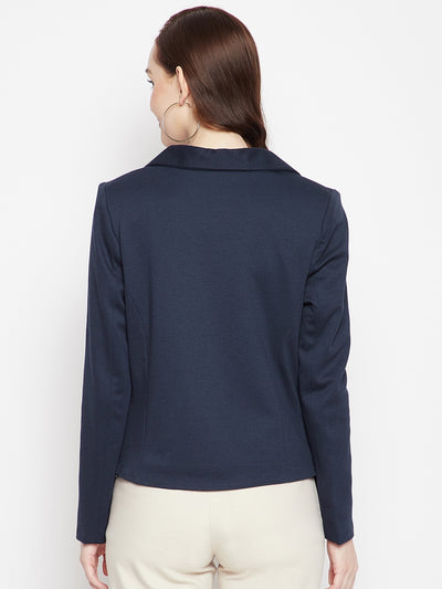 Navy Blue Notched Lapel Blazer - Women Blazer