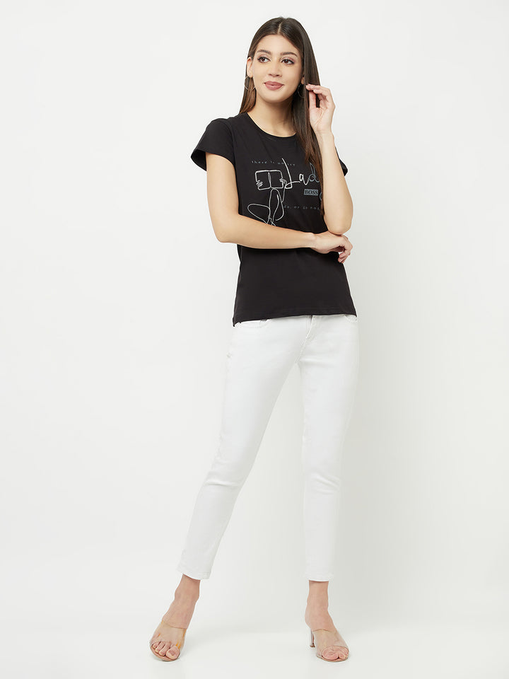 Black Printed Round Neck T-Shirt - Women T-Shirts