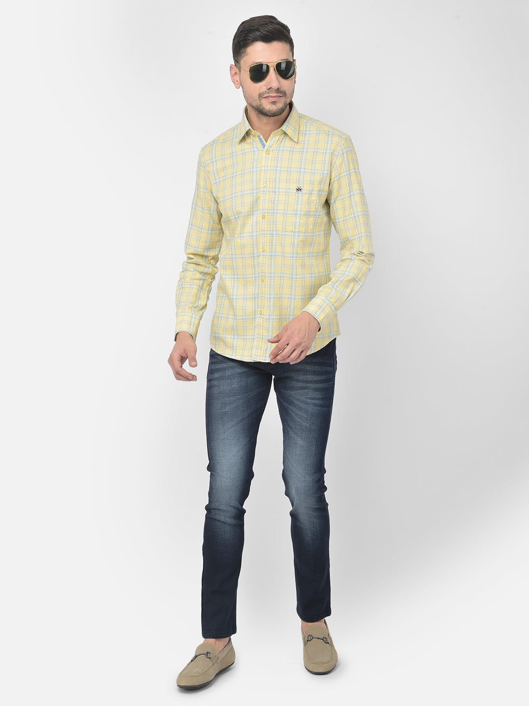 Yellow Checked Spread Collar Shirt - Men Shirts