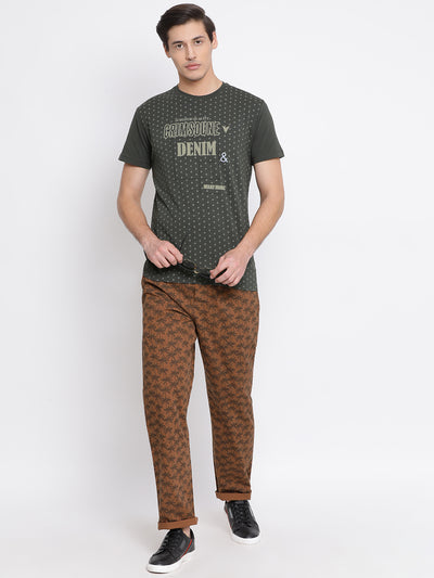 Olive Printed Round Neck T-Shirt - Men T-Shirts