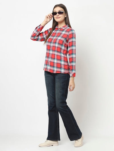 Red Check Shirt with High-Low Hemline