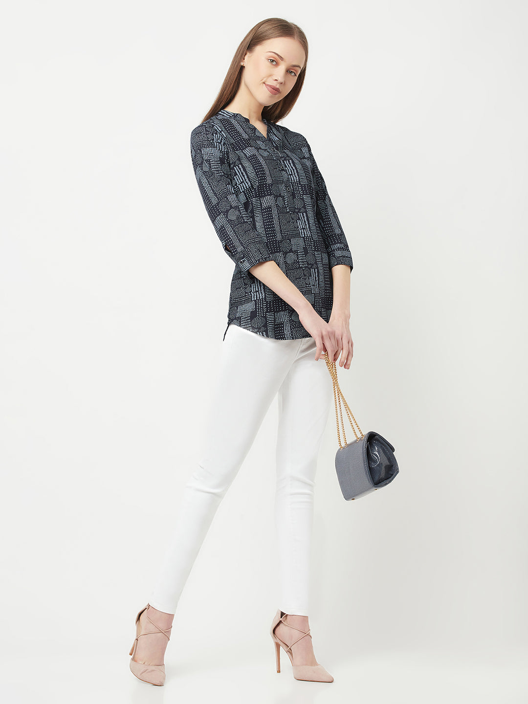 Navy Blue Printed Top - Women Tops