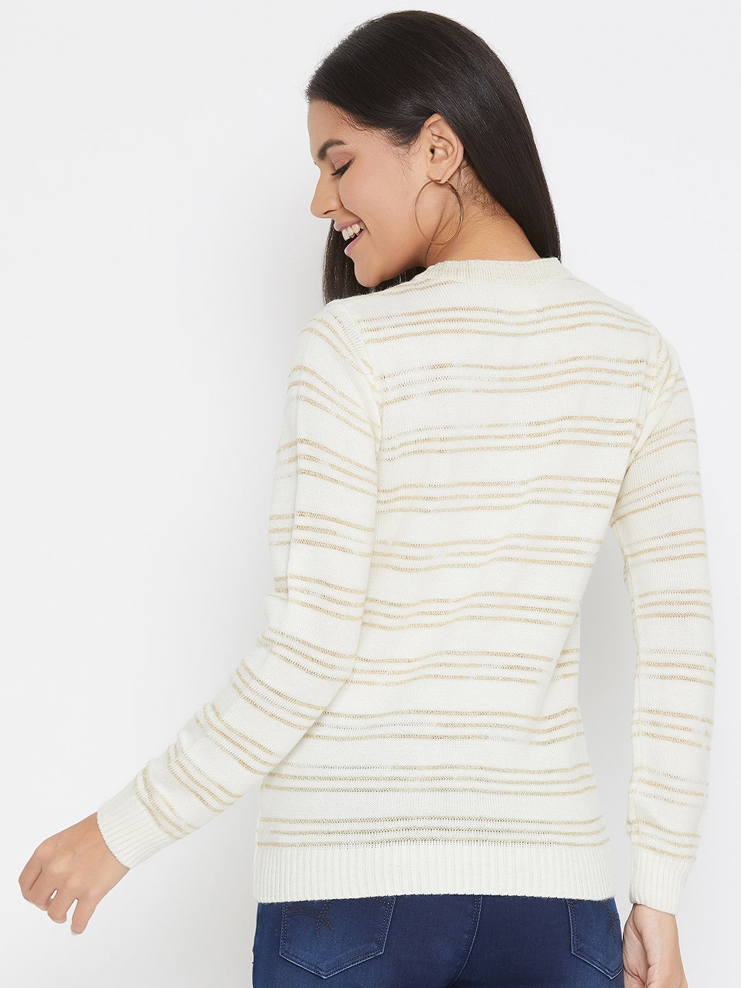 Off White Striped Round Neck Sweater - Women Sweaters
