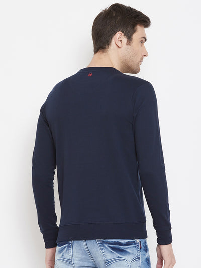 Navy Blue Printed Round Neck Sweatshirt - Men Sweatshirts