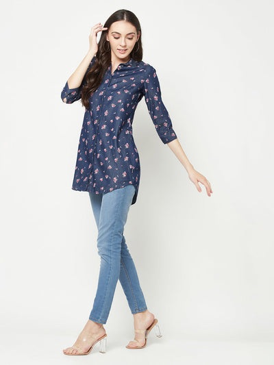  Navy Blue Denim Floral Shirt