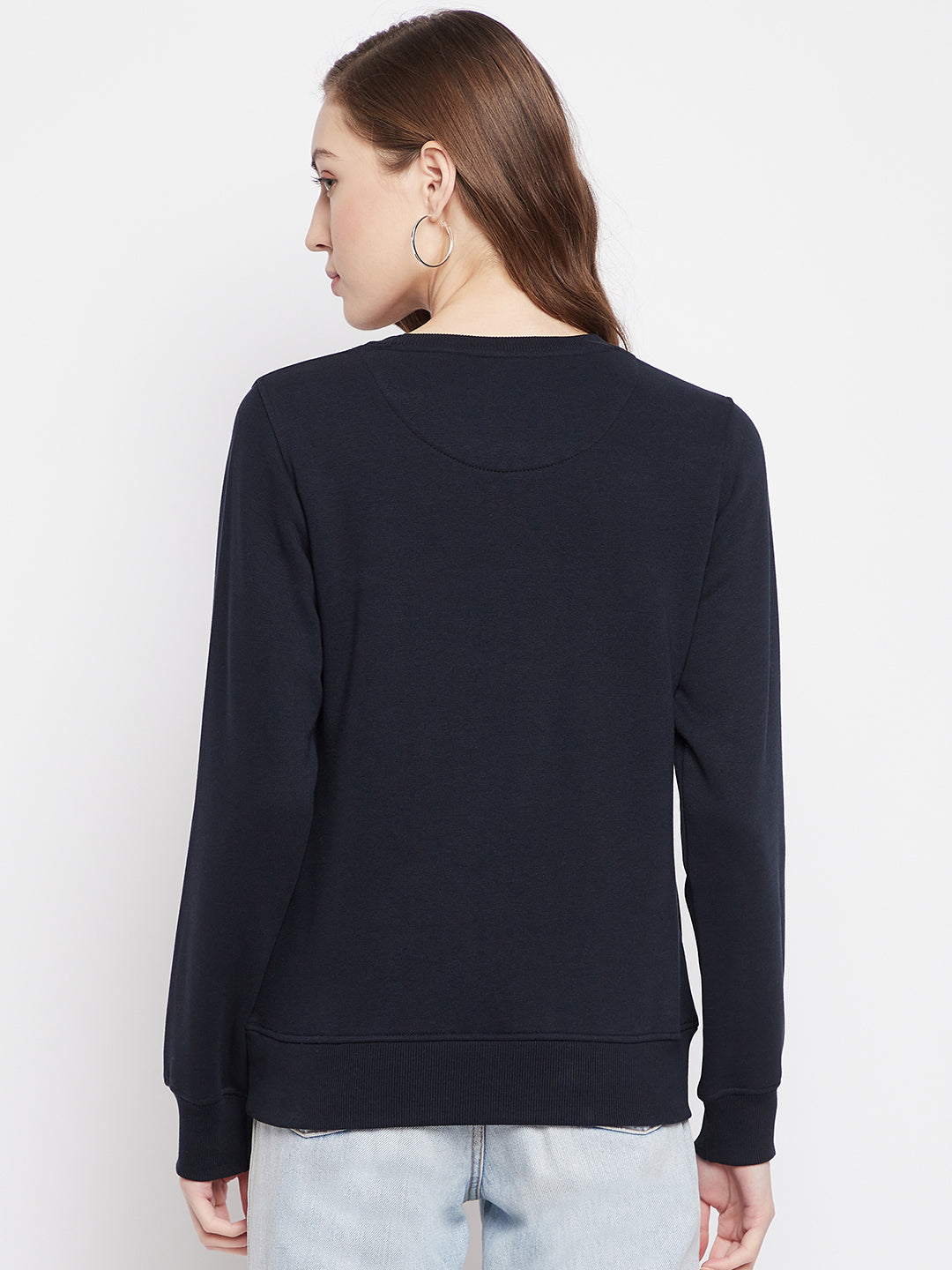 Navy Blue Printed Round Neck Sweatshirt - Women Sweatshirts