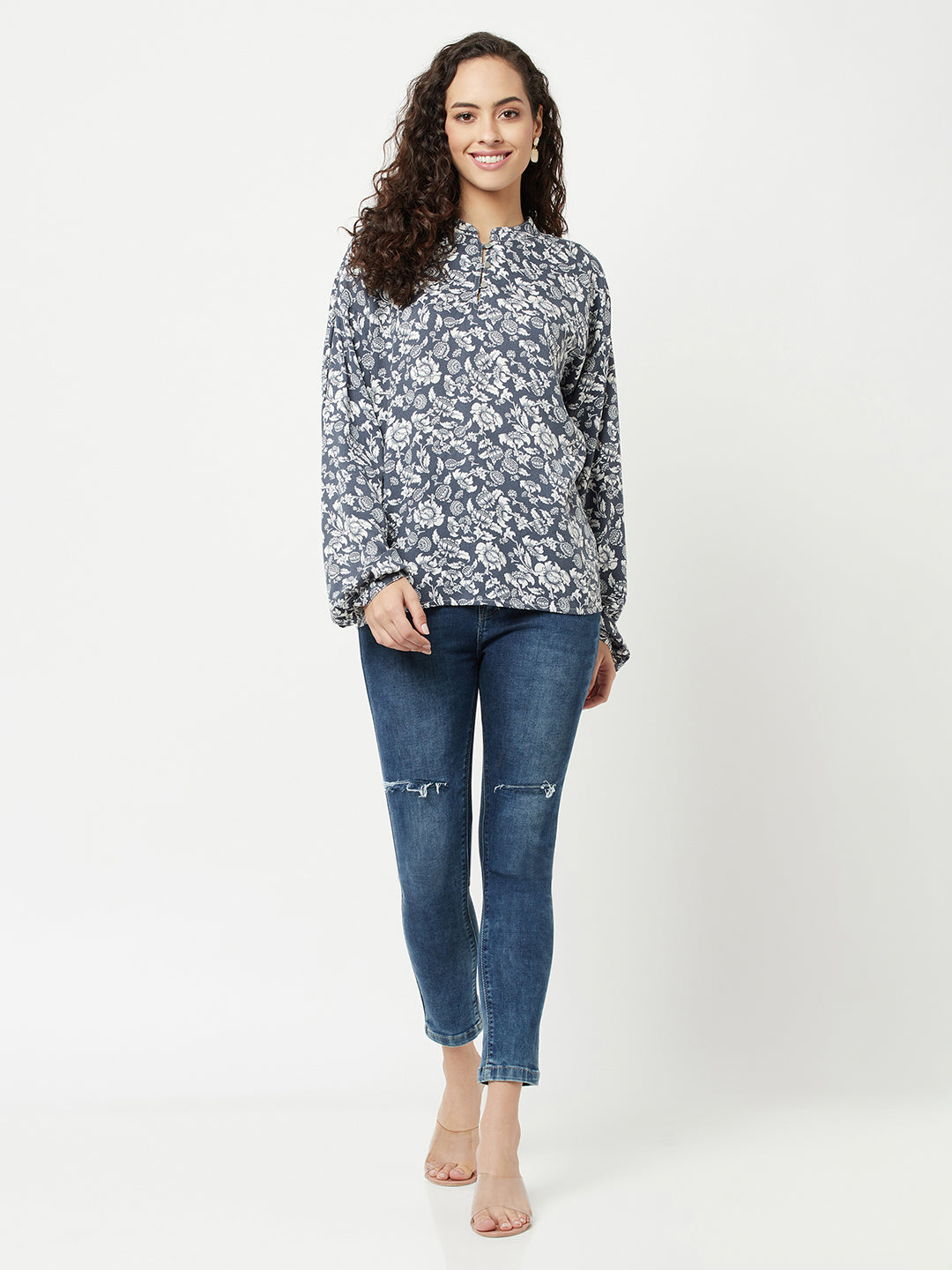 Grey Floral Printed Top-Women Tops-Crimsoune Club