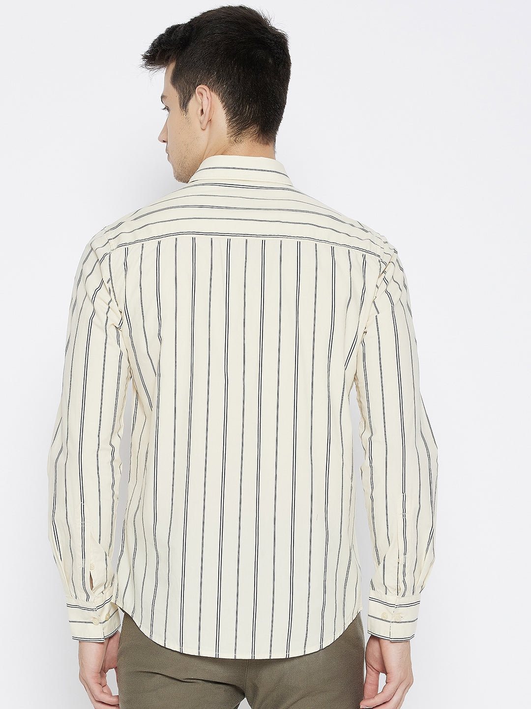 Cream Striped Slim Fit Shirt - Men Shirts