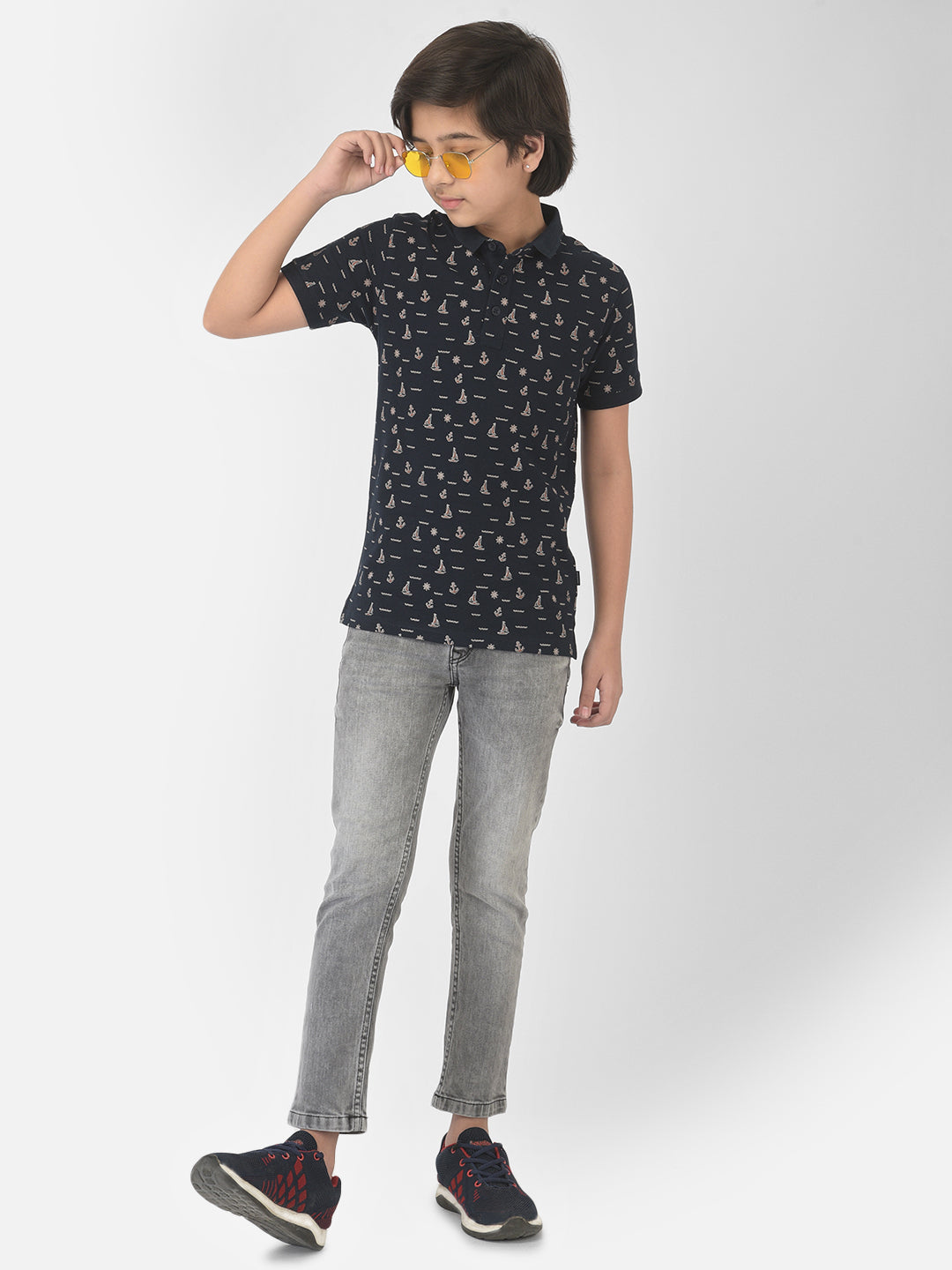 Navy Blue Printed Polo T-shirt - Boys T-Shirts