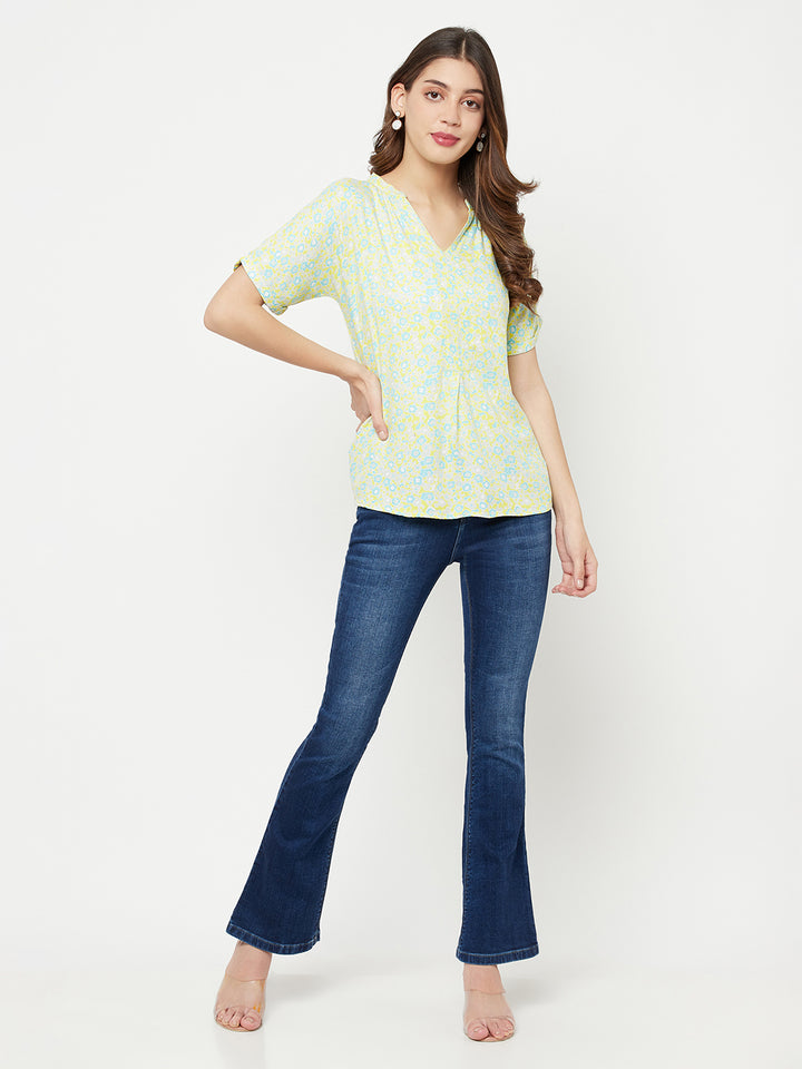 Green Floral Printed V-Neck Top - Women Tops