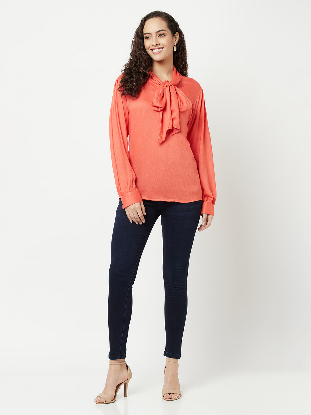 Coral Red Tie-Up Detail Top-Women Tops-Crimsoune Club