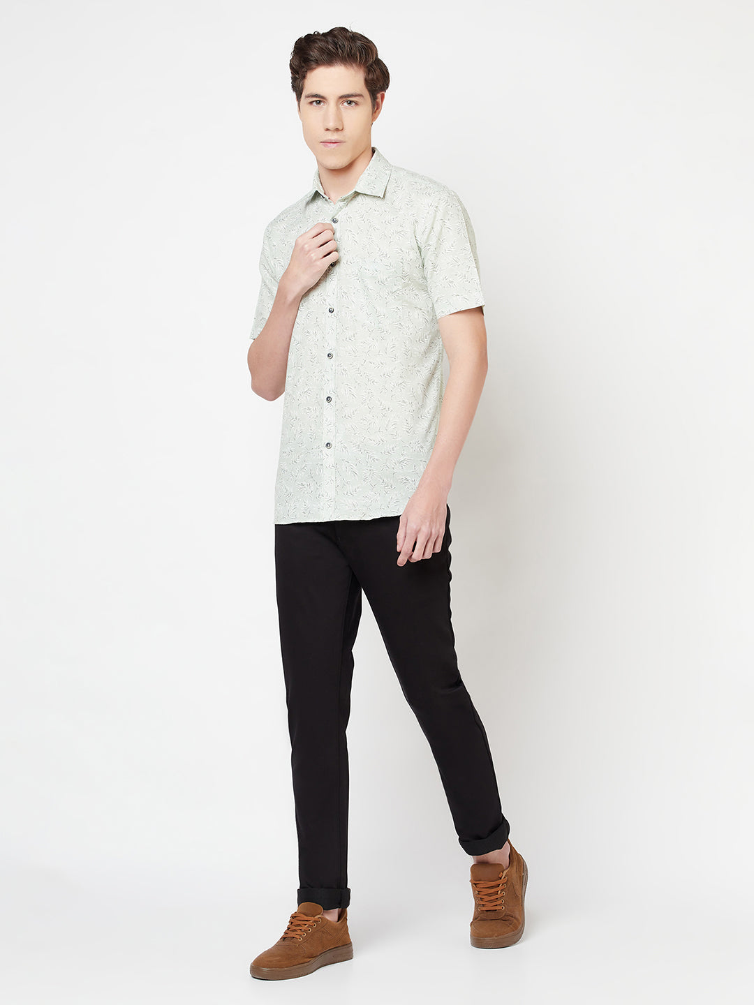 Mint Green Floral Linen Shirt - Men Shirts