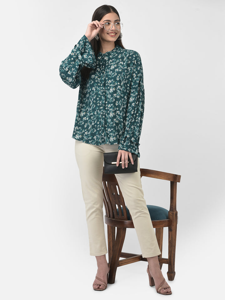 Deep Teal Floral Button-Down Top-Women Tops-Crimsoune Club