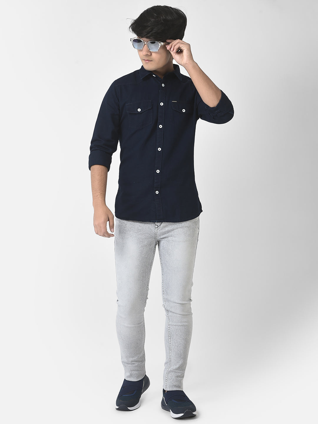  Navy Blue Slim Denim Shirt