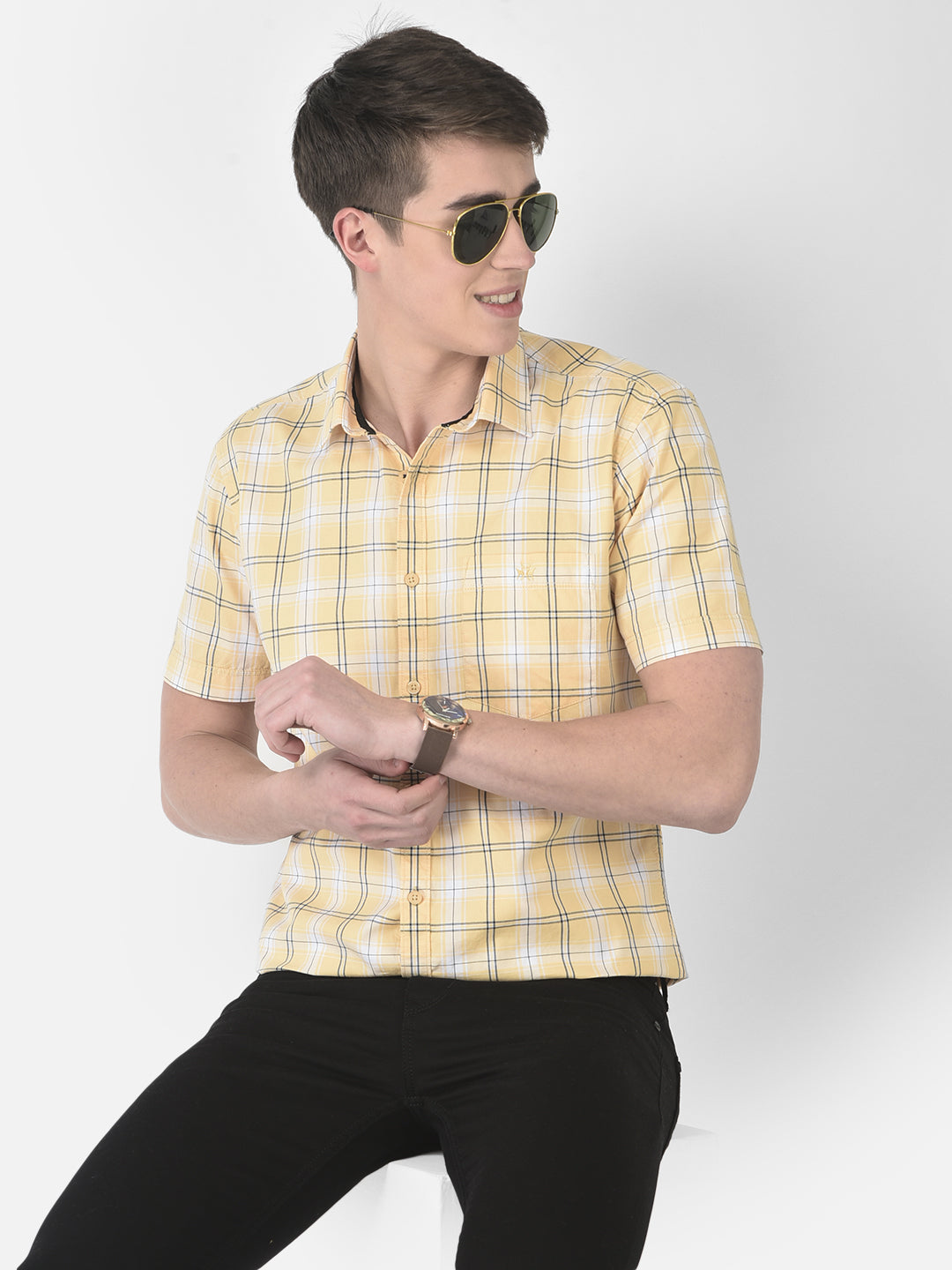  Light Orange Short-Sleeved Checked Shirt