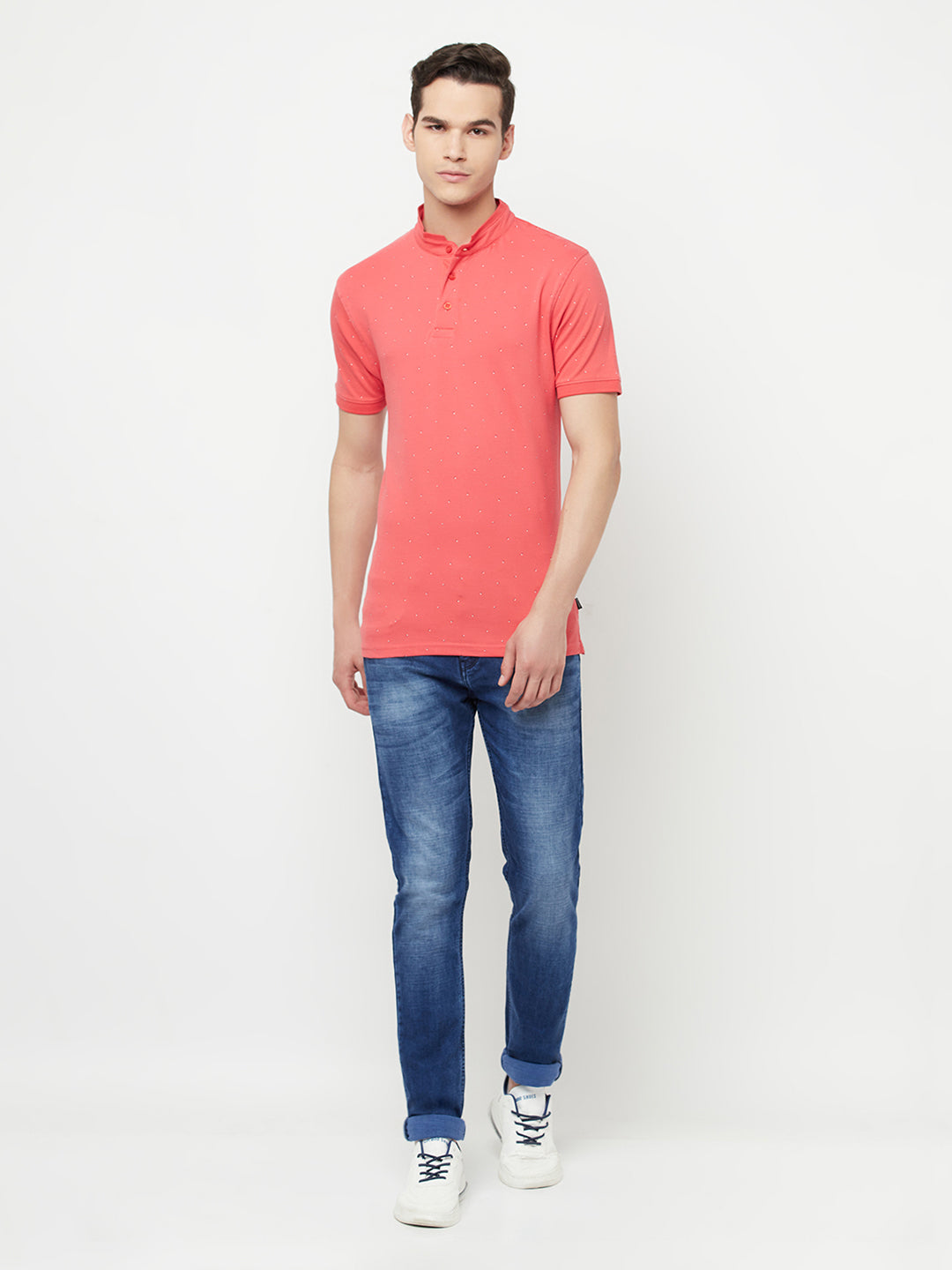 Pink Printed Mandarin Collar T-Shirt - Men T-Shirts