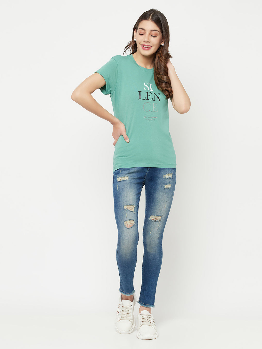 Mint Green Printed Round Neck T-Shirt - Women T-Shirts