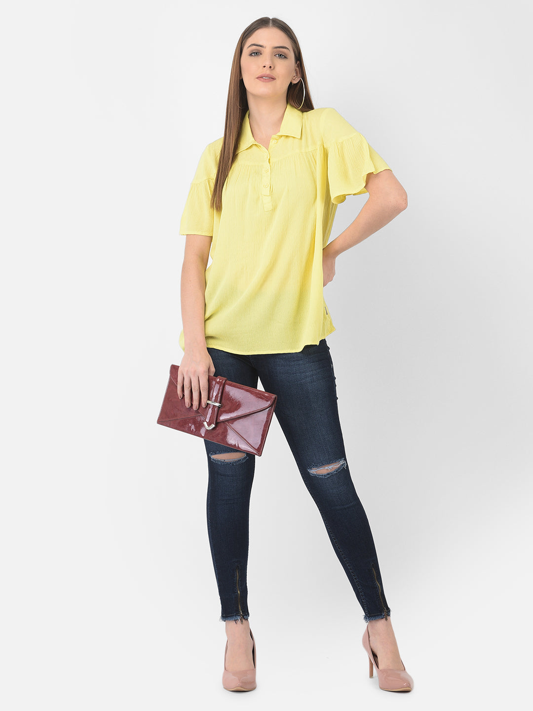 Yellow Spread Collar Top - Women Tops