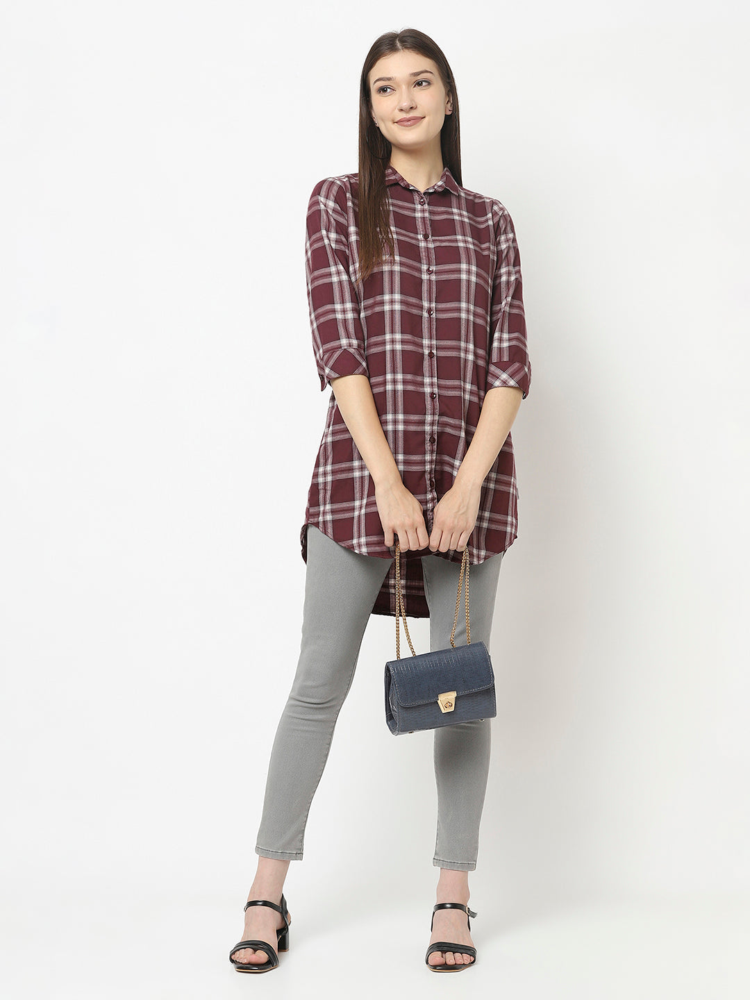 Longline Maroon Checked Shirt in Cotton