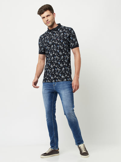 Navy Blue Floral Printed Polo T-Shirt-Men T-Shirts-Crimsoune Club