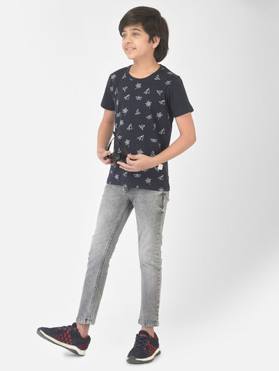 Navy Blue Printed Round Neck T-Shirt - Boys T-Shirts