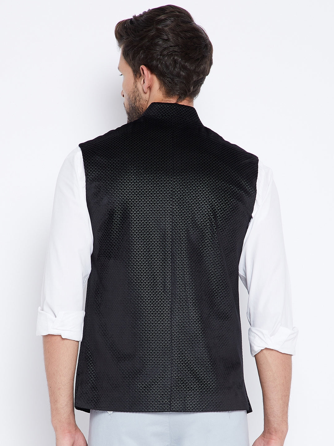 Black Printed Mandarin Waistcoat - Men Waist Coat