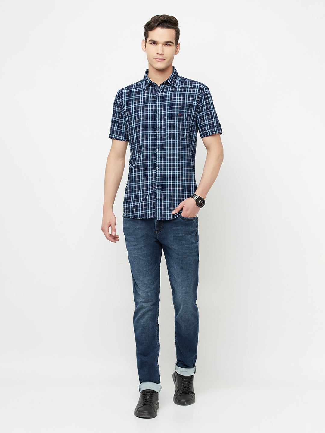Navy Blue Checked Shirt - Men Shirts