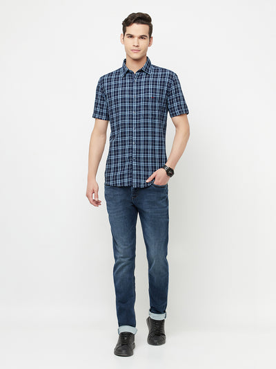 Navy Blue Checked Shirt - Men Shirts