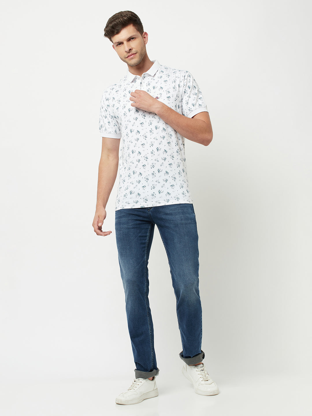 White Floral Printed Polo T-Shirt-Men T-Shirts-Crimsoune Club