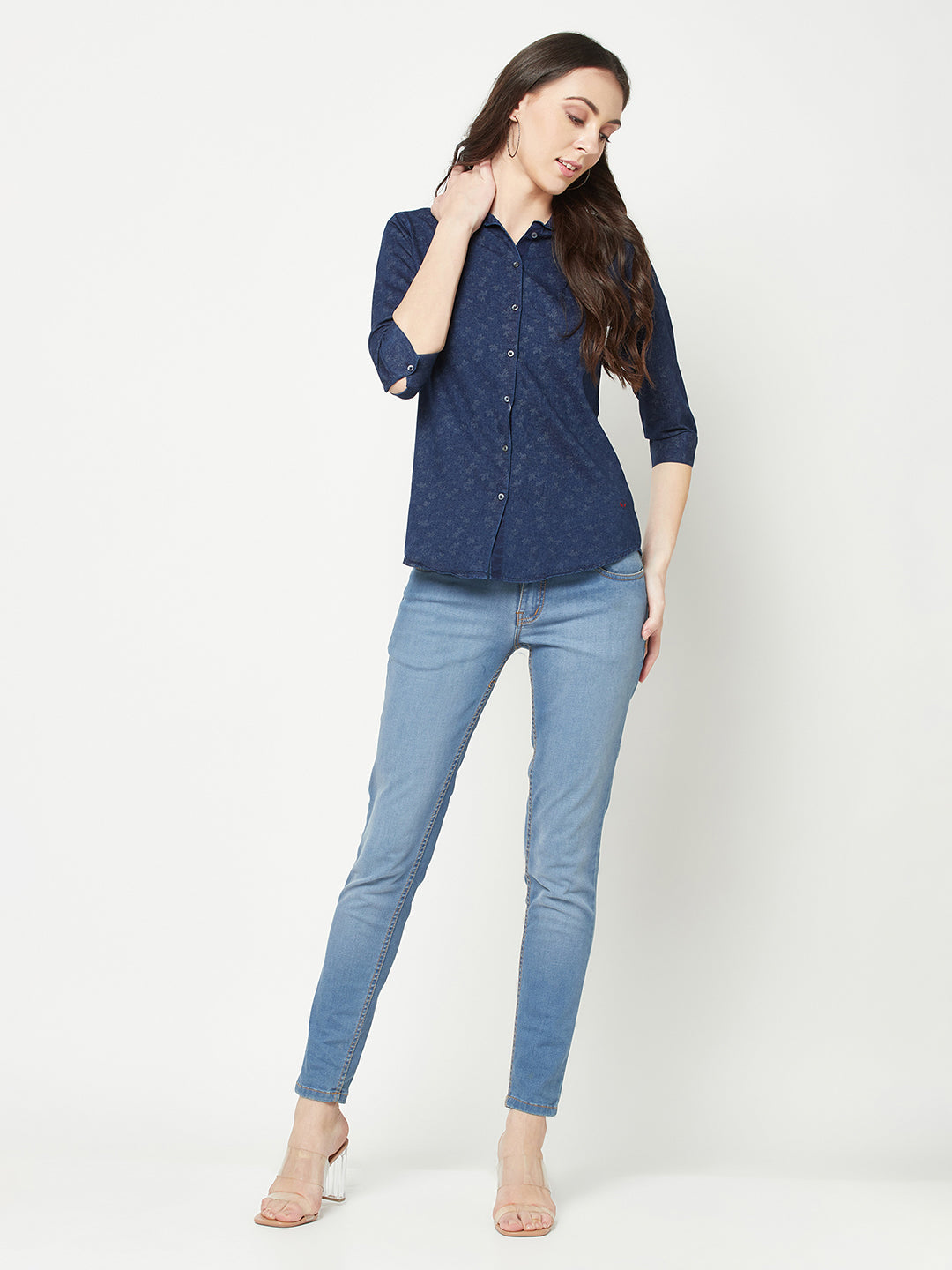  Navy Blue Floral Denim Shirt