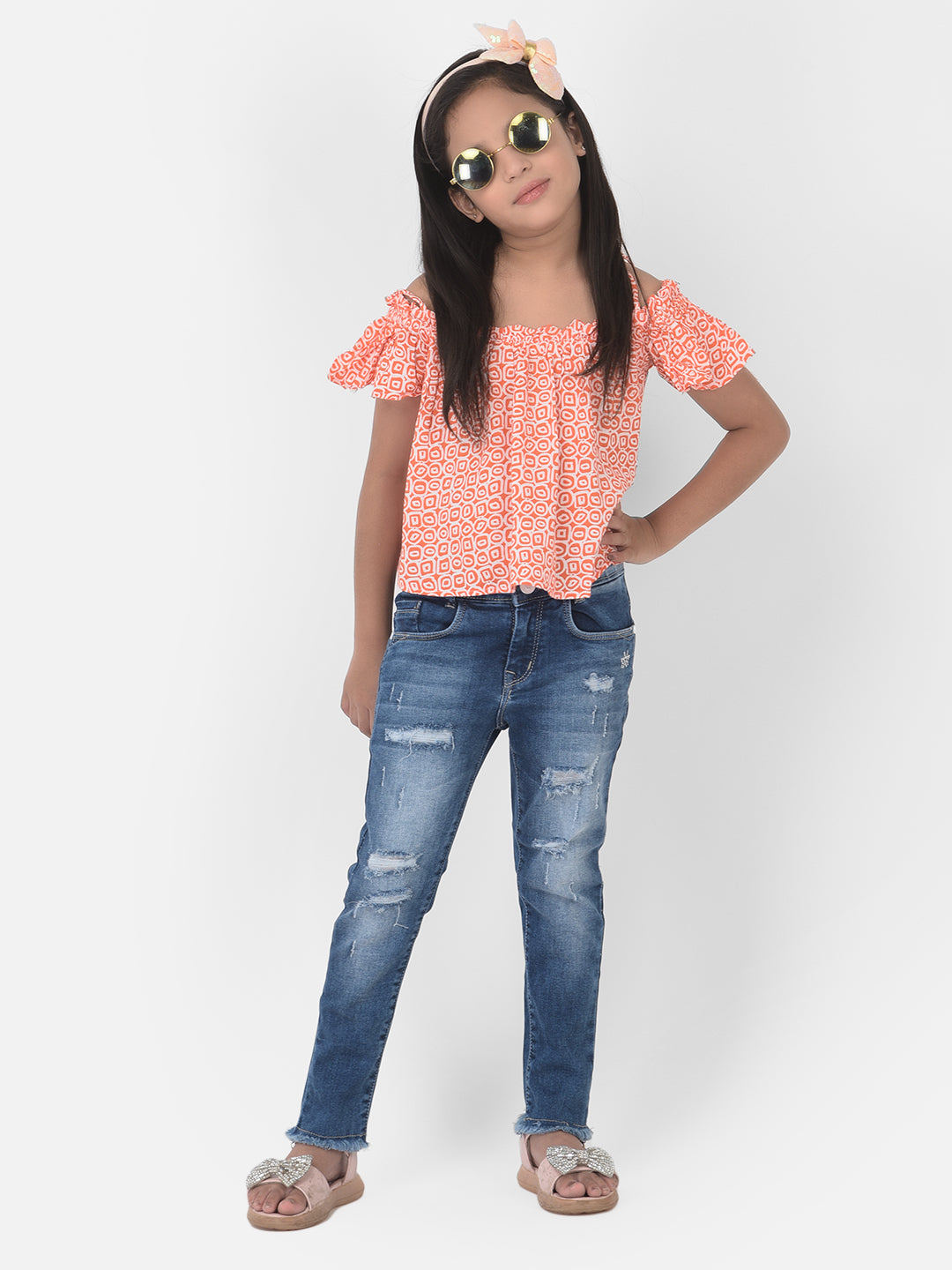 Orange Printed Cold Shoulder Crop Top - Girls Tops