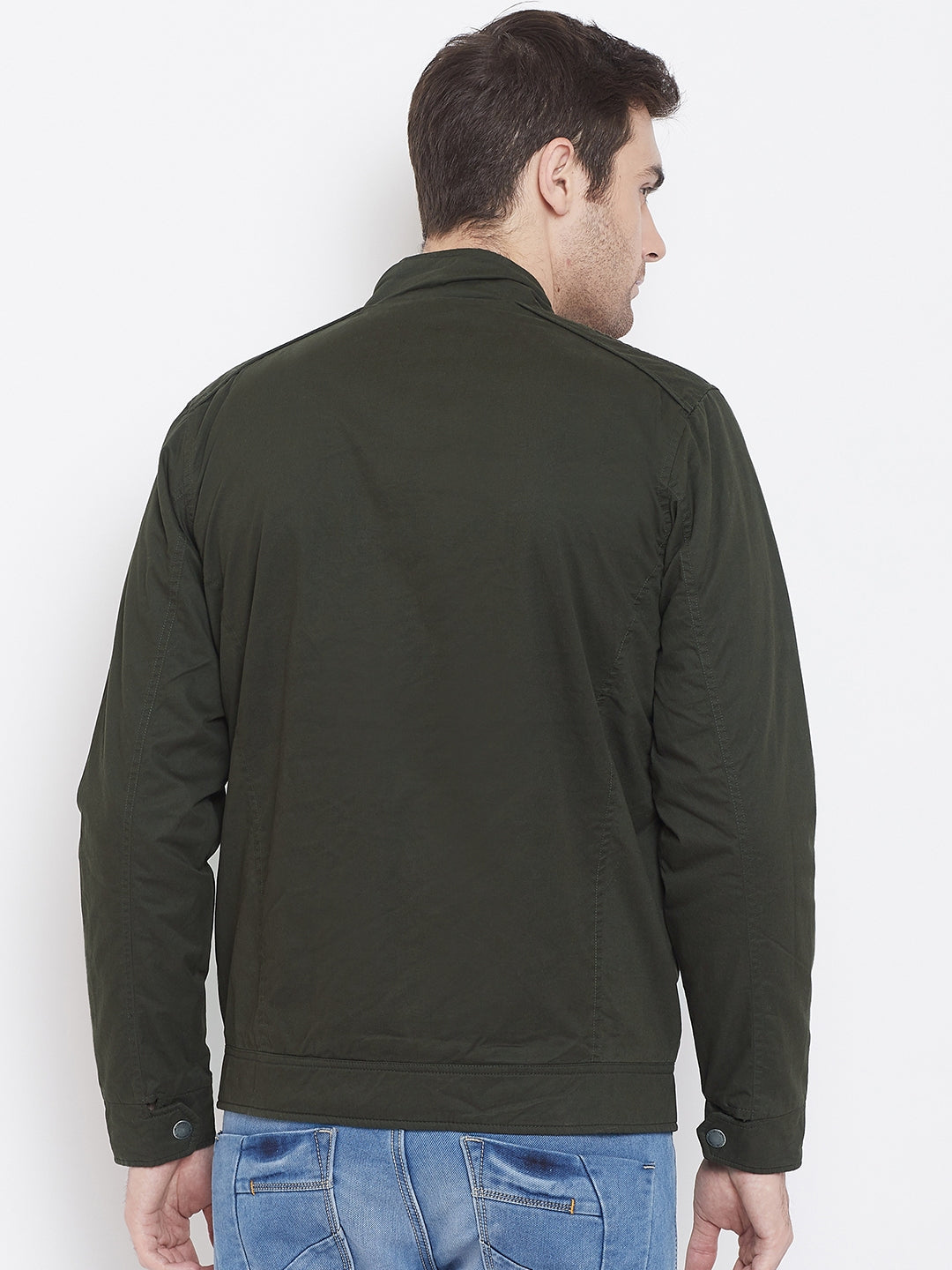 Olive Solid Mandarin Collar Jackets-Mens Jacket-Crimsoune Club