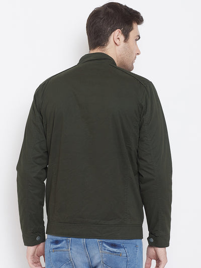 Olive Solid Mandarin Collar Jackets-Mens Jacket-Crimsoune Club