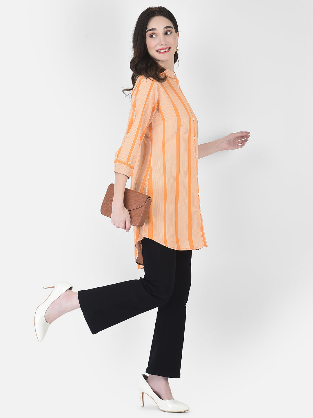 Orange Striped Longline Shirt - Women Shirts