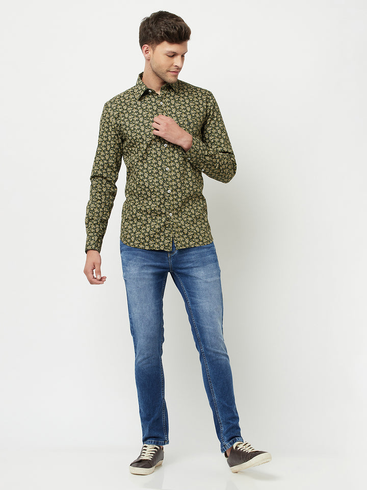 Olive Floral Printed Shirt-Men Shirts-Crimsoune Club
