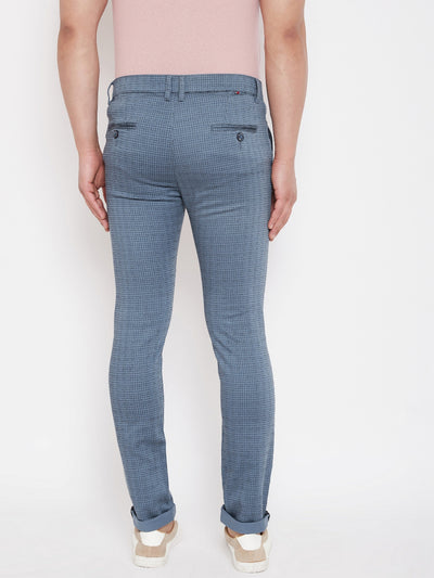 Blue Slim Fit Checked Trousers - Men Trousers