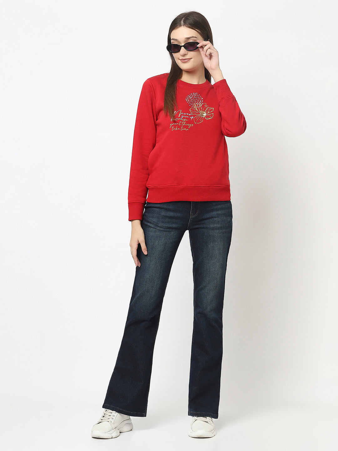 Red Pull-Over Style Sweatshirt with Graphic Print 