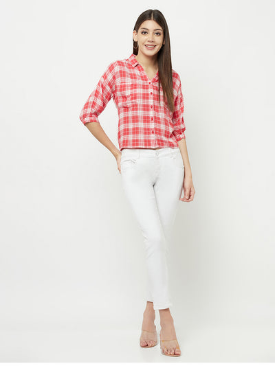 Red Checked Multi Pocket Cropped Shirt - Women Shirts