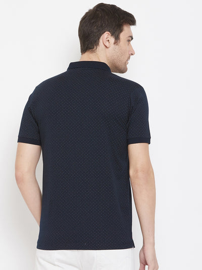 Navy Blue Printed Polo Neck T-Shirt - Men T-Shirts