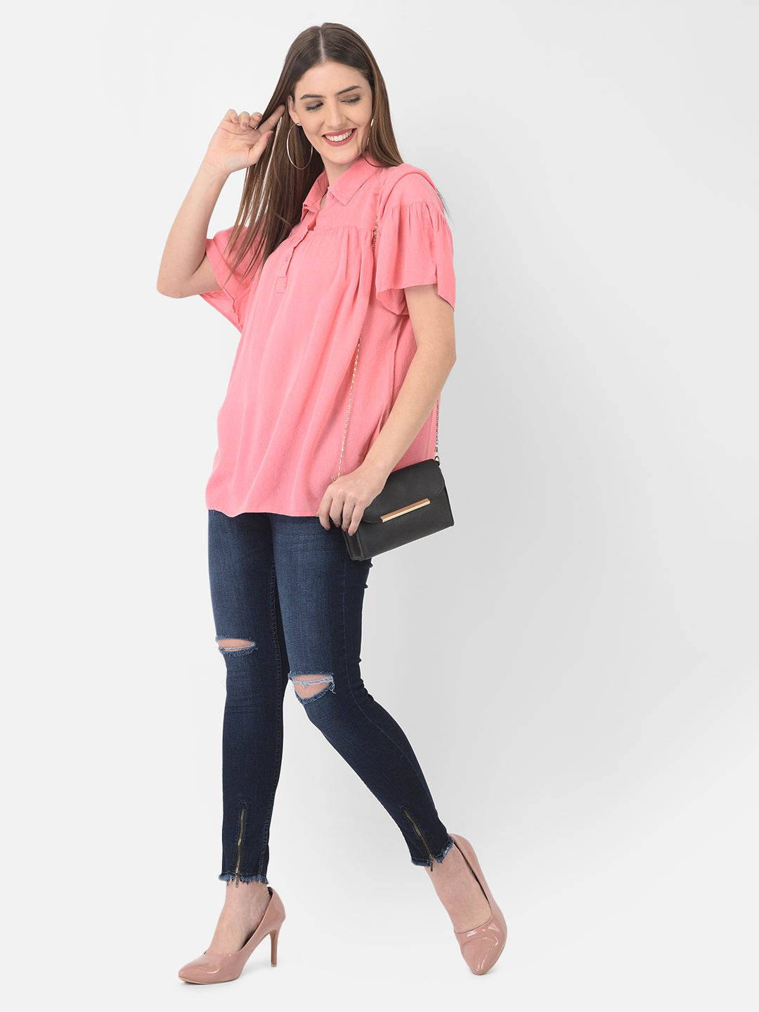 Pink Spread Collar Top - Women Tops