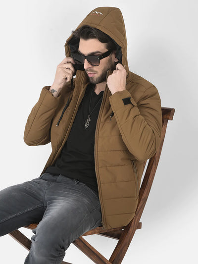  Tan High-Neck Hooded Jacket