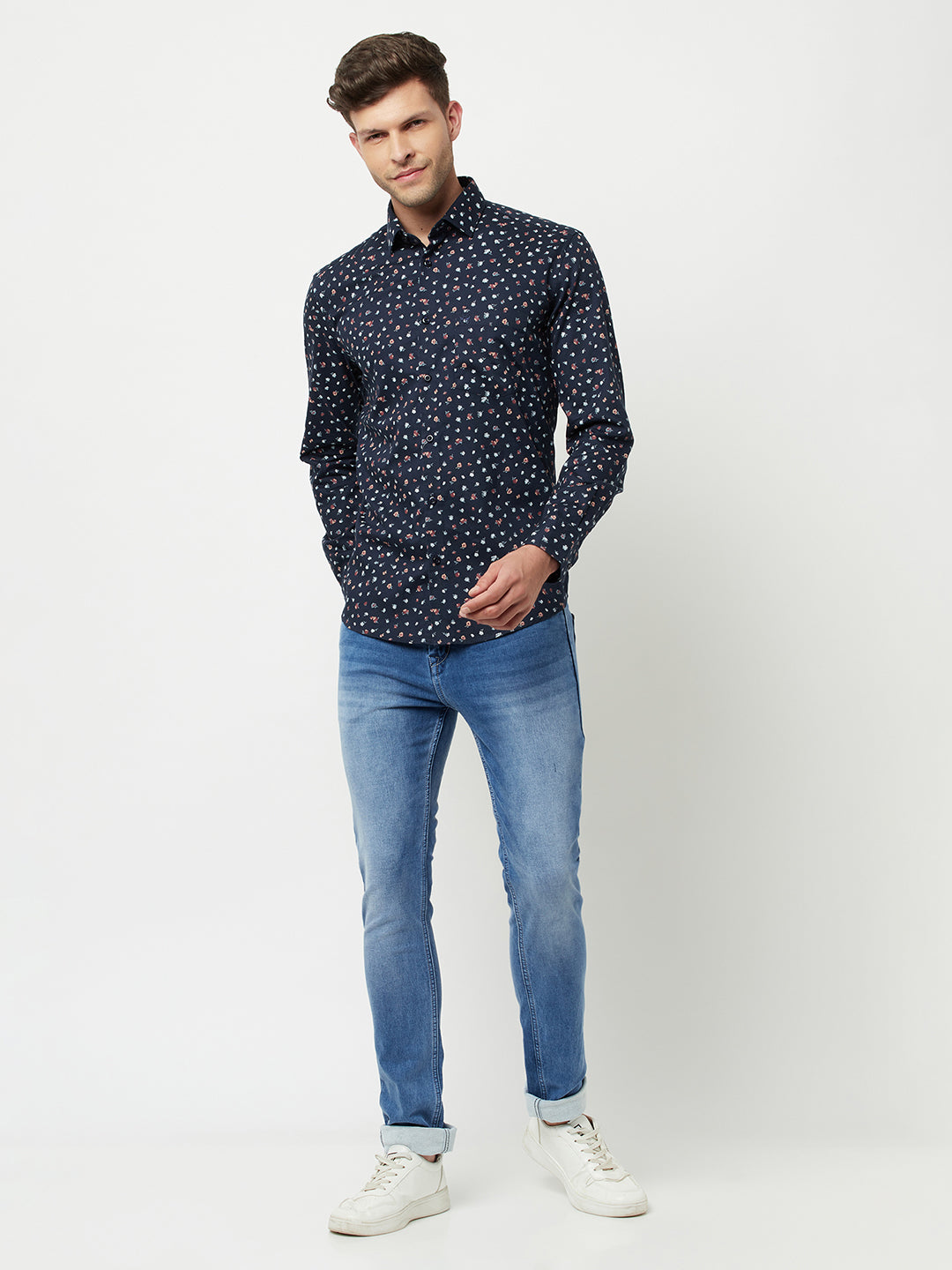 Navy Blue Floral Printed Shirt-Men Shirts-Crimsoune Club