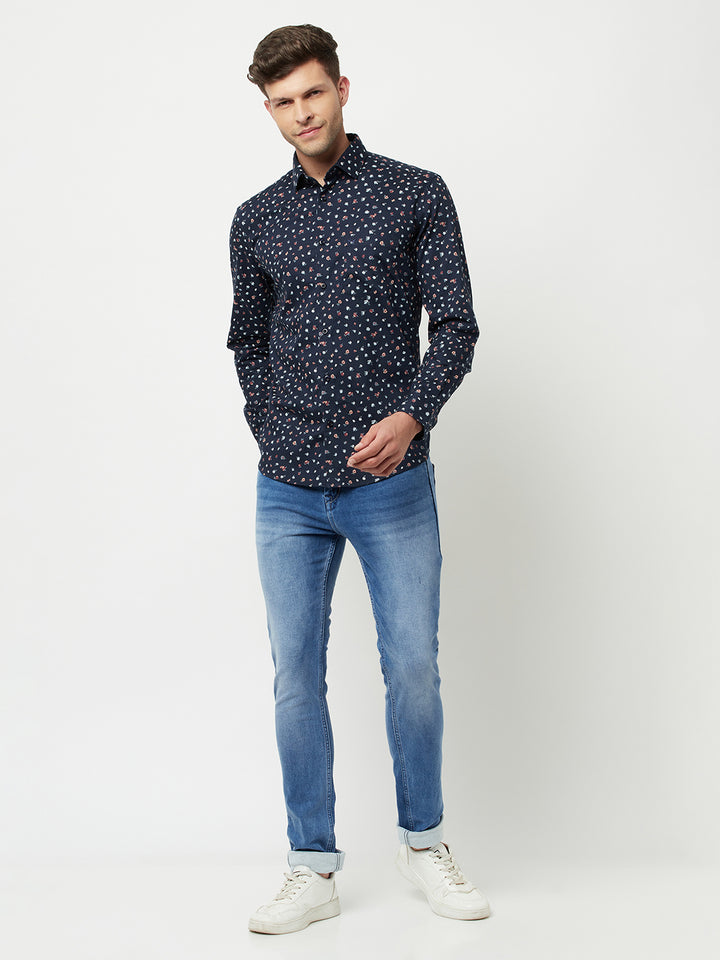 Navy Blue Floral Printed Shirt-Men Shirts-Crimsoune Club