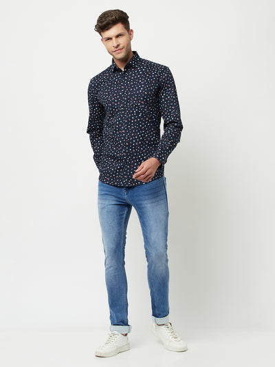 Navy Blue Floral Printed Shirt-Men Shirts-Crimsoune Club