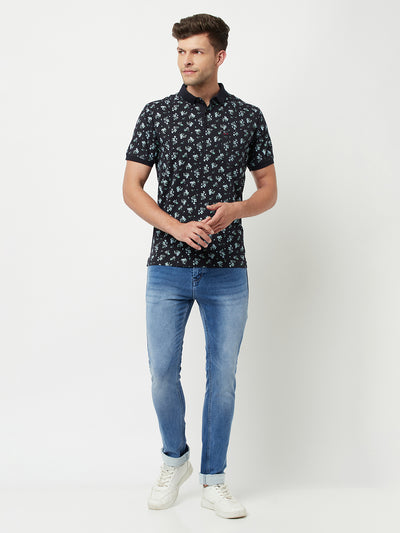 Navy Blue Floral Printed Polo T-Shirt-Men T-Shirts-Crimsoune Club