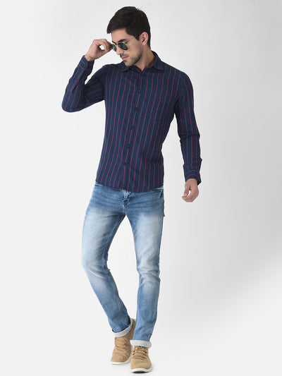 Navy Blue Striped Shirt - Men Shirts